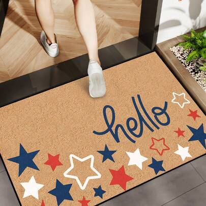 1 tấm thảm chùi chân họa tiết ngôi sao đỏ, xanh dương và trắng độc đáo với chữ "Hello" trên nền vàng, kiểu dáng lễ hội, có thể giặt máy, làm từ sợi polyester, thích hợp cho phòng khách, nhà bếp, phòng ngủ, lối vào, trang trí nhà cửa, trang trí phòng, sử dụng được quanh năm.