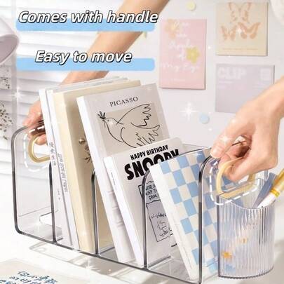 Transparent Acrylic Desktop File Organizer, 4-Slot Book/Paper Storage Divider With Side Handle, Upright File Holder Suitable For Office, School, Study, Bookstore, Living Room - File Organizer, Desktop Organizer