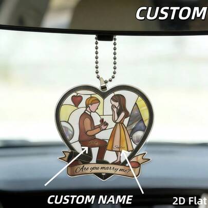 [Custom] 2D Flat 1pc Personalized Acrylic Couple Wedding Proposal Hanging Decor, Customized Couple Names, Can Be Used As Car Rearview Mirror Decoration, Engagement Decor, Couple Engagement Gift, Romantic Keepsake, Valentine's Day/Anniversary Gift For Him/Her
