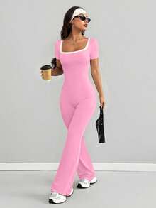 AITYI Studio Women's Pink Jumpsuit, Square Neck Short Sleeve Contrast Color Fashion Design, Hollow-Out Backless Fitness Sports Shaping Slim Comfortable Elegant Y2K Style Suitable For Daily, Commute, Party, Holiday Outfit. Suitable For Independence Day, Back To School, Pride Month, Carnival, Music Festival, Mother's Day. New Spring/Summer Short Sleeve Comfortable Knit Flared Leg Jumpsuit - Pink - View 7