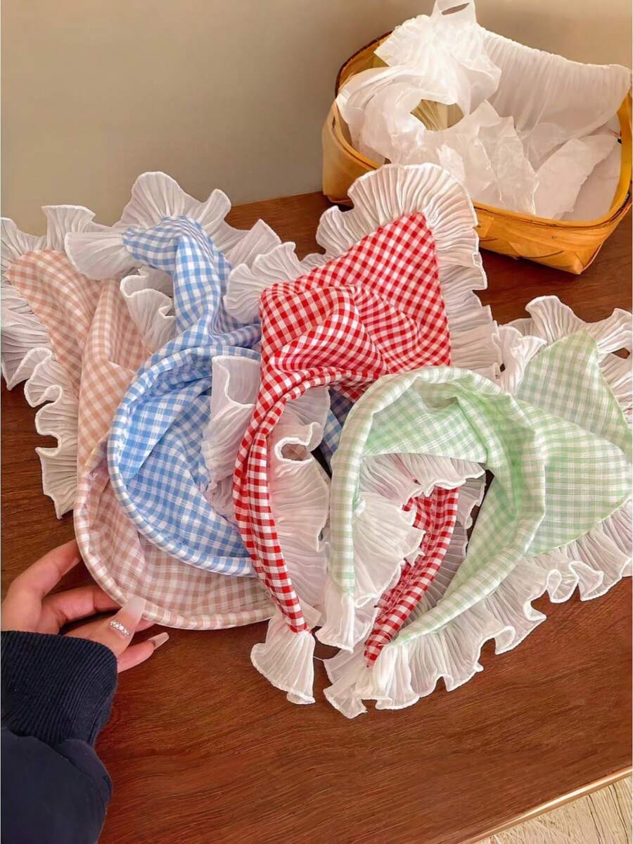 1pc Plaid Floral Trim Headband & Bandana Set, Minimalist Cartoon Style, Versatile Sweet Countryside Vibe Hair Accessories For Teenage Girls - Multicolor - View 1