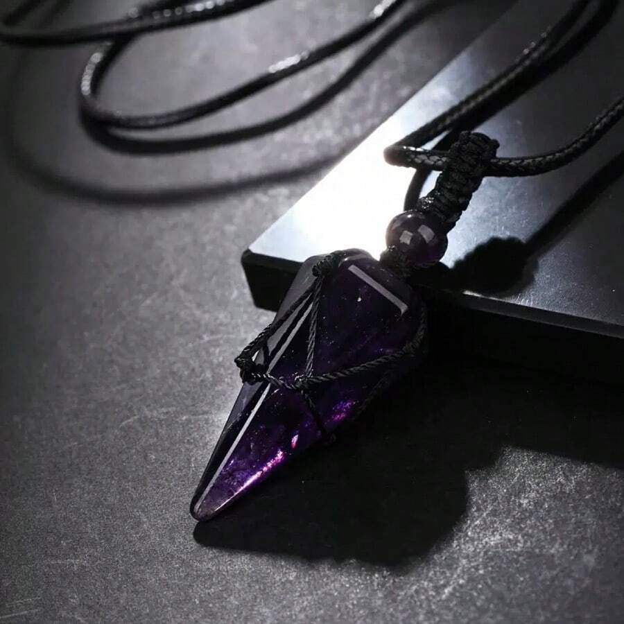 1 chiếc dây chuyền nam mặt hình lục giác đính đá pha lê tự nhiên và đá obsidian đen, có thể điều chỉnh kích thước, kiểu bện. - Màu tím - Xem 1