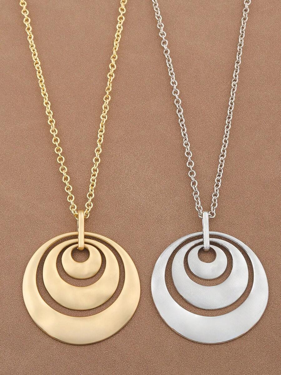 SUPBORA 1pc Fashionable Matte Gold/Silver Color Large Hollow Multi-Layer Metal Circles Pendant Necklace, Big Boho Open Round Pendants Necklaces For Women 24" Long - Gold and Silver - View 1