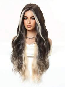 28 Inch Blonde Highlight Color Long Curly Wavy Wig With Curtain Bangs Synthetic Heat Resistant Wig With Bangs Women Wigs For Daily Wear Costume Wigs Cosplay Party Gifts Christmas Winter Fashion Wigs - Blonde Highlight - View 3