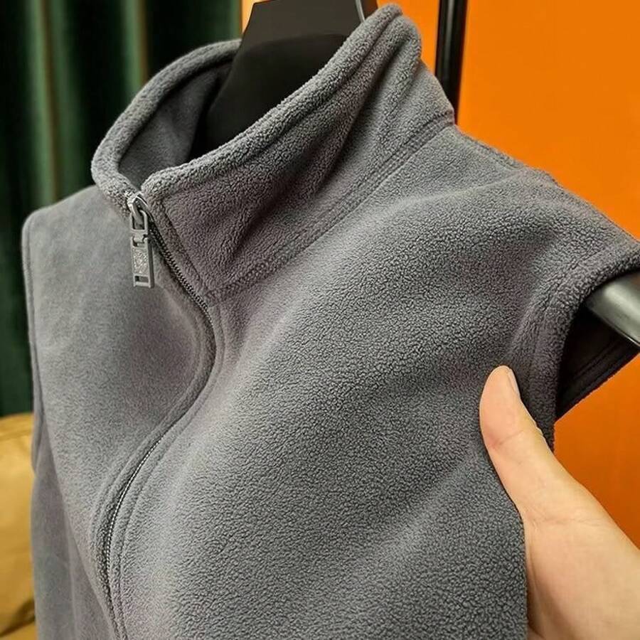 Double-Sided Fleece Stand-Up Collar Vest For Men, Autumn And Winter Warm, Fleece-Lined, Thickened, Outerwear, Zip-Up Cardigan, Vest Jacket - Grey - View 1