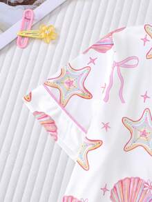 2pcs/Set Kids Colorful Seashell & Starfish Print Pajamas, Short Sleeve Shirt And Ruffle Hem Shorts Set, Ocean Theme Print With Gradient Seashell Rainbow Pattern, Suitable For Children And Teens Daily Wear, Vacation And Loungewear - White - View 6