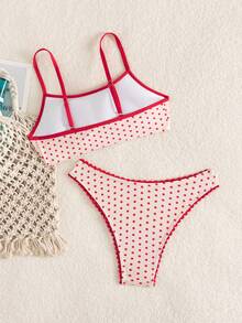 撞色优雅休闲波点印花吊带比基尼套装，适合海滩度假 - 紅色 - 查看 7