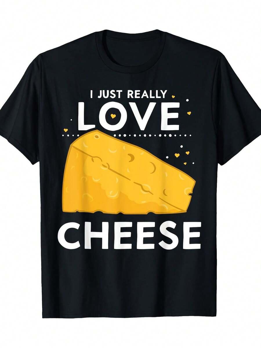 1 camiseta divertida para hombre con la frase "Realmente amo el queso" - Camiseta casual de cuello redondo suave con estampado amarillo, adecuada para fiestas y atuendos casuales, camiseta con gráfico de queso lavable a máquina. - Negro - Ver 1