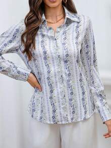 优雅舒适的通勤修身女士条纹翻领衬衫，条纹前开襟纽扣度假衬衫，春季款 - 淺藍色 - 查看 6