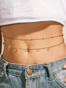 多层串珠性感比基尼，银色/金色肚链，珍珠串珠腰链，水晶流苏可调节比基尼腰带，身体链饰品套装，适合海滩、度假、夜店派对，女士及女孩适用 - 金色 - 查看 2