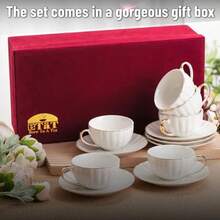 BTaT- Tazas de capuchino con platillos de 7 onzas con caja de regalo juego de 6 taza de café y platillo de porcelana blanca para café con leche con diseño de borde dorado apto para lavaplatos - Blanco - Ver 5