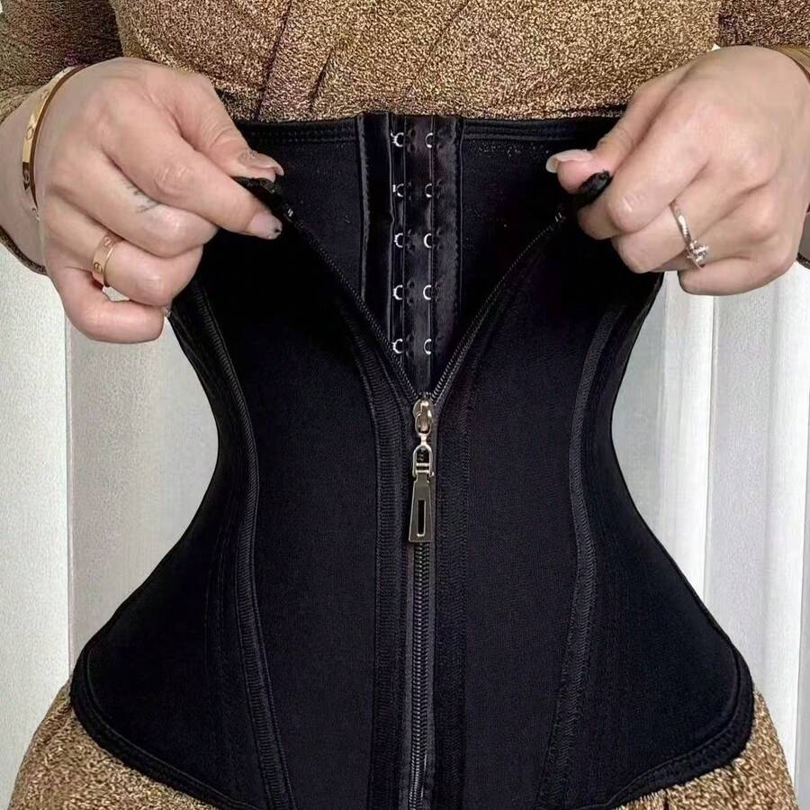 女士涤纶瑜伽塑身衣，纯色，压缩健身运动服，拉链和纽扣闭合，透气，紧致收腹 - 黑色 - 查看 1