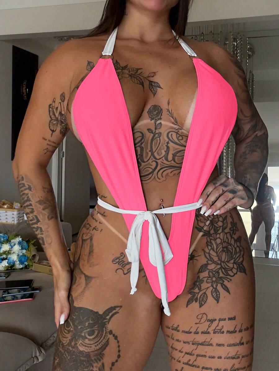 Capri Tie Swimsuit Made By SHMODAS - 粉紅色和白色 - 查看 1