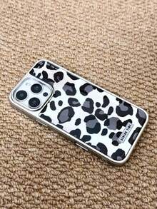 1 pieza Funda de teléfono con gota de pegamento con estampado de leopardo y puntos negros de moda avanzada tipo INS compatible con Apple iPhone17, iPhone17Promax, 16ProMax, 16Pro, 16, 15Promax, 15Pro, 14, 13, 12, 11, antichoque y protección trasera - Negro - Ver 4