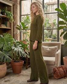 ELIANE MALHAS TRICOT/CROCHET Women's Modal Knit Set 3/4 Sleeve Blouse And Wide Leg Pants Comfortable Elegant For Everyday Or Party - 軍綠色 - 查看 3