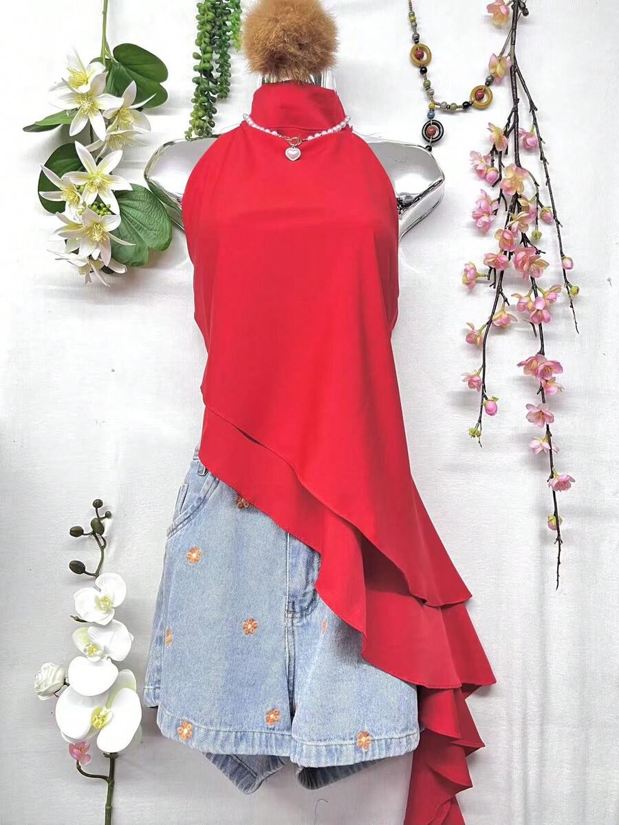 T124 White Sleeveless Turtleneck Blouse, Elegant Asymmetrical Ruffle Design - Red - View 1