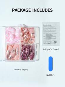 96片（4种不同款式/套）杏仁形3D法式美甲贴纸，包含3D金色、银色、粉色花卉元素和鹿角装饰，欧美甜美酷炫风格，易于佩戴的亚克力假指甲套装，附赠1瓶胶水和1把指甲锉，适合女性日常生活和各种派对场合。 - 彩色 - 查看 5