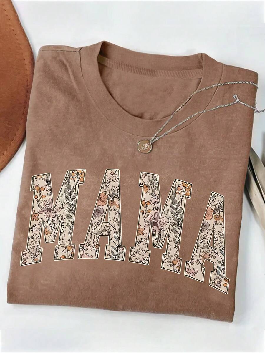 Camiseta casual de mujer de manga corta y cuello redondo - Marrón - Ver 1