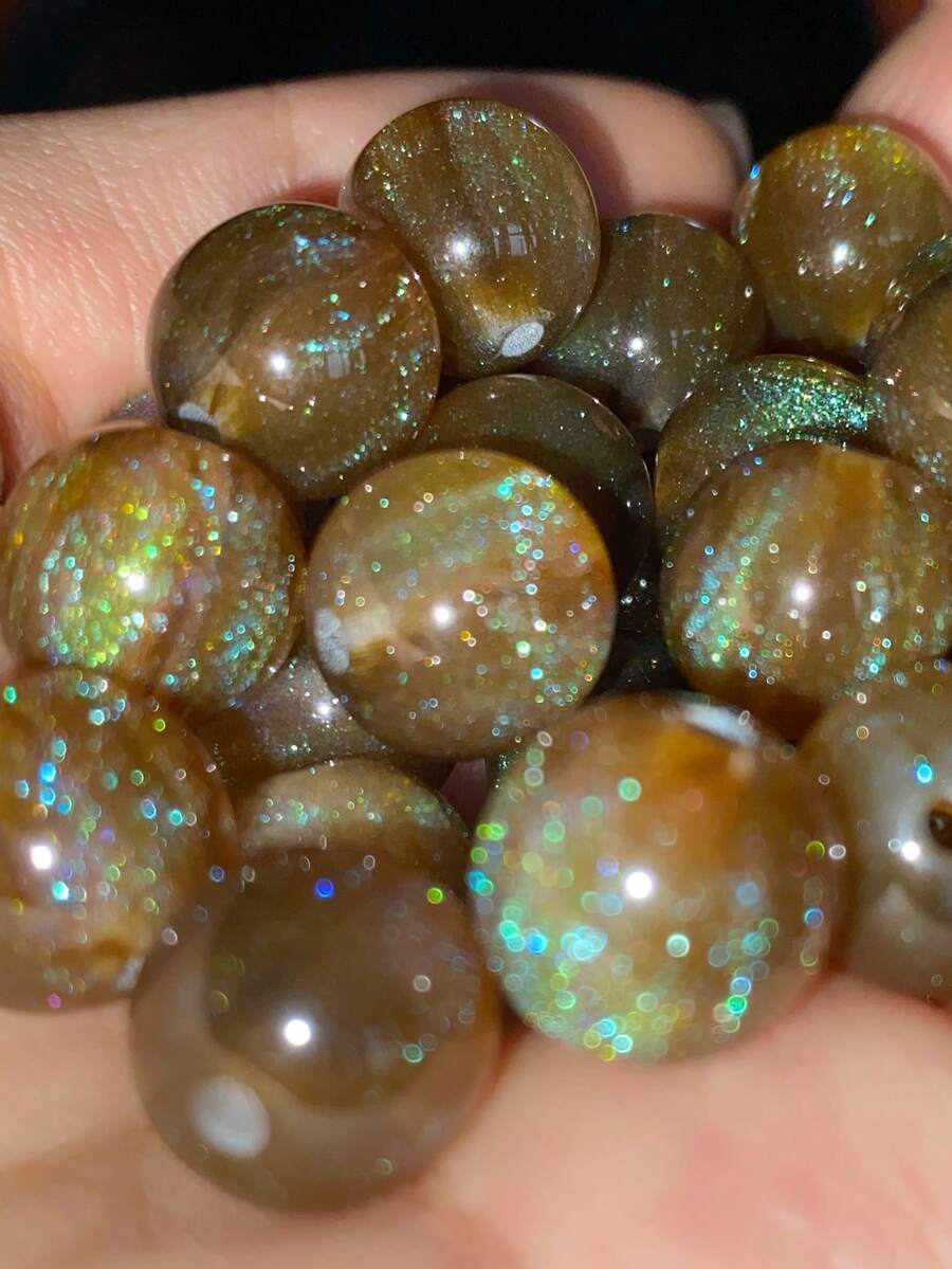 50颗8/12毫米棕色亮片合成圆珠 - 含彩虹色珠子，适合制作珠宝、手链、项链 - 母亲节DIY工艺品，珠宝制作