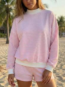 Conjunto de dos piezas a rayas para mujer, pantalones cortos Y2K, sudadera holgada de manga larga con cuello alto, jersey y pantalones cortos, chándal de primavera y otoño, ropa de estar por casa - Rosa - Ver 5