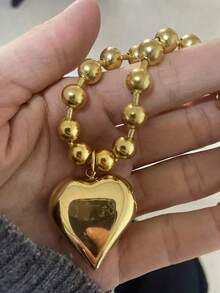 1pc 8mm Stainless Steel Bead Chain Necklace With Big Gold Heart Pendant, Women's Fashionable Jewelry Accessory Valentines,Mom,Mother,Mother's Day,Gift - Gold - 查看 2