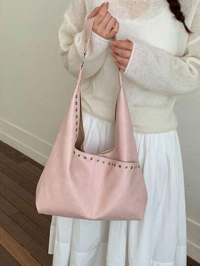 Soft Powder Pink Women's Shoulder Bag, Large Capacity Rivet Decor Crescent Bag, Suitable For Daily Wear
