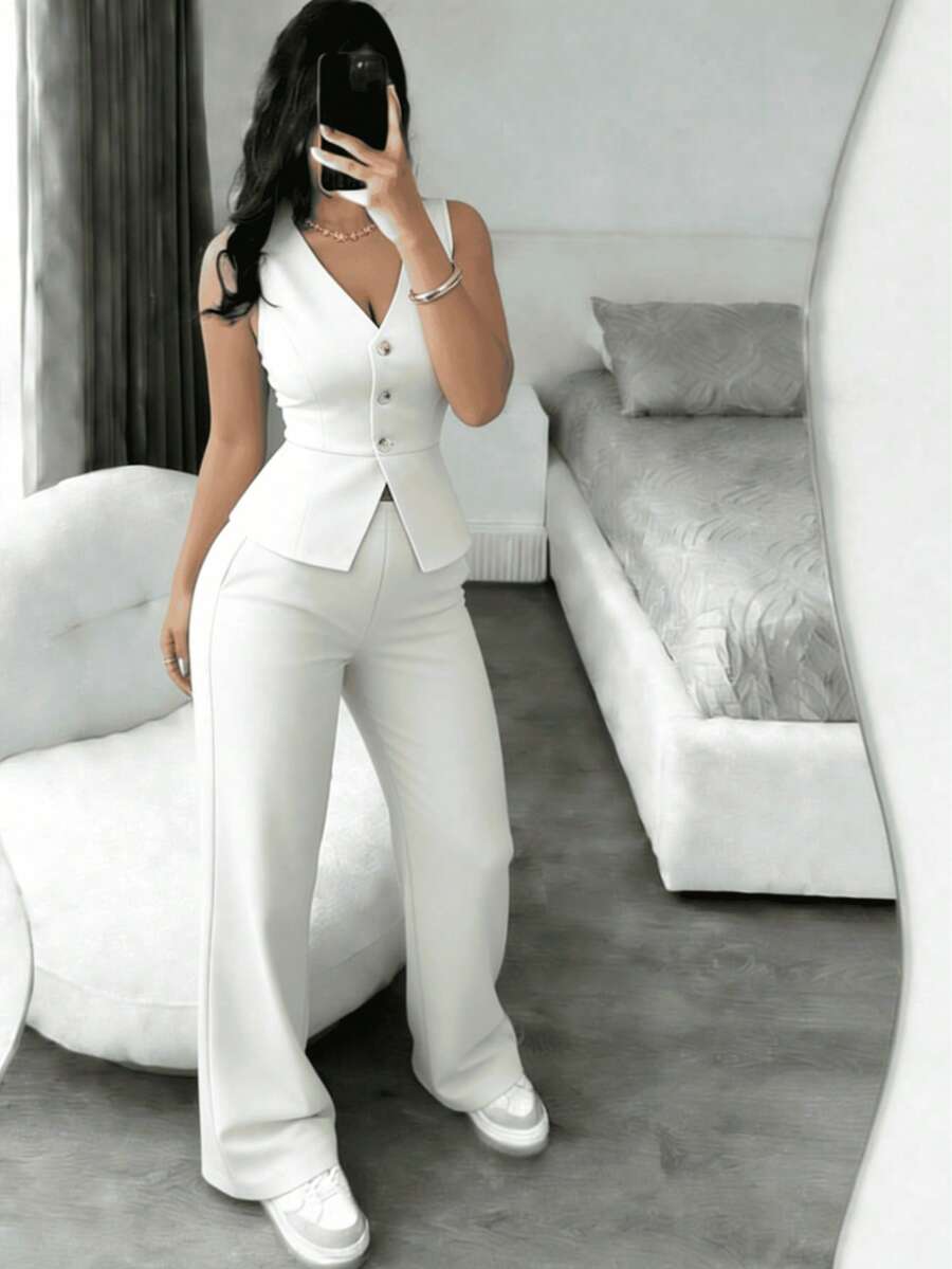 Conjunto de traje de dos piezas para mujer, sin mangas, cuello en V, botones en la parte delantera, chaleco y pantalones largos de pierna ancha. - Blanco - Ver 1