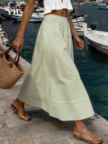 女士绿色褶裥喇叭长裙，涤纶无弹力休闲装 - 薄荷綠 - 查看 2