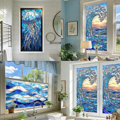 1/3 قطعة من ملصقات النافذة ذات الطراز البحري، ذات امتصاص كهروستاتيكي بنمط موجة الشروق وقناديل البحر، ملصق زجاج ديكوري للخصوصية، قابل للإزالة لحجب أشعة الشمس في غرفة المعيشة والنوم والحمام.