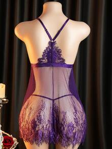 Set Pakaian Dalam Seksi: Gaun Mini Berpotongan dengan Tali Bahu Tipis + G-String, Pakaian Tidur Wanita dan Set Pakaian Dalam Seksi - Purple - View 3
