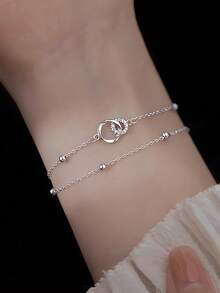 GAGAFEEL 1pc Sterling 925 Silver Fashionable Elegant Geometric Double Circles Cubic Zirconia Chain Bracelet For Women Daily Wearing Friendship Party Jewelry Gift - Silver - View 1