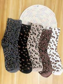 5双/1双女士豹纹中筒袜，舒适休闲透气吸湿，新奇礼品之选，秋季 - 彩色 - 查看 6