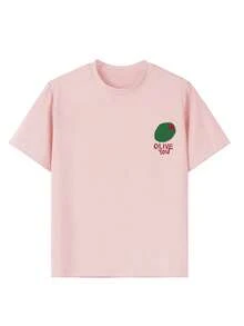 T-shirt med olivmönster för tweenflickor, "Olive You", mjukt och bekvämt tyg, lämplig för flickor att bära för resor, semester, utomhussporter, vardagskläder, vardagsresor, det bästa valet! Modern, mångsidig och avslappnad topp för tweenflickor för vår och sommar. - Rosa - Visa 9