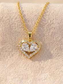 1件优雅金色心形吊坠项链，情人节礼物 - 圆形切割透明钻石和粉色蓝宝石叠层浪漫珠宝礼品 - 彩色 - 查看 4