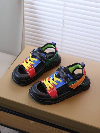 2026 Summer New Boys' Color Block Sandals, Hook And Loop Soft Non-Slip Breathable Beach Shoes, Toddler & Little Kids Casual Shoes