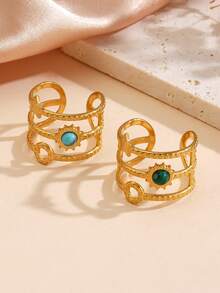 2pcs/Set Stainless Steel 18K Gold Plated Turquoise & Peacock Stone Inlaid Star & Sun Ring Set, Suitable For Women's Daily Wear - Multicolor - View 4
