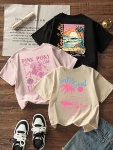 3 件套女孩青少年学生休闲徽标印花圆领短袖 T 恤，夏季上衣 - 黑色 - 查看 2