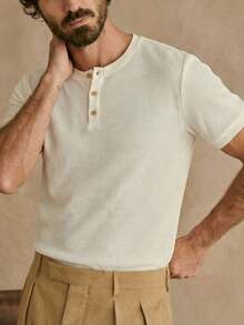 Men's Casual Solid Color Henley Neck Jacquard Waffle Short Sleeve Polo Shirt, Summer - Beige - View 2