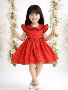 Girl's Dress With Delicate Floral Print, Classic Peter Pan Collar, Ruffles, Short Sleeves, Elegant Pom-Poms, Full Skirt, Comfortable Soft Cotton, Premium Fabric, Party, Birthday, Christening, Special Events, Charming Look, Children's Fashion, Princess Style, Casual Chic, Spring/Summer, Girls' Clothes, Comfort, Sweet, Blogger Look, Photography, Outing, Perfect Gift, Charming, Stylish, Floral Print - 紅色波點 - 查看 2