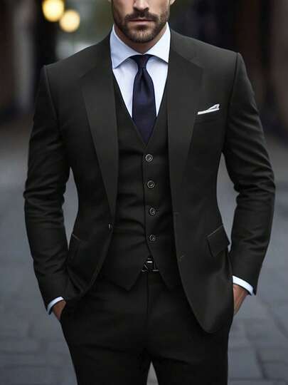 A Classic Three-Piece Suit For Men, Including A Jacket, Trousers And A Vest, Perfect For Weddings And Special Occasions