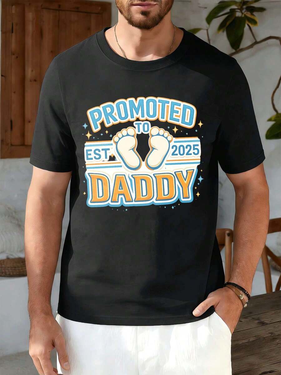 Promoted To Dad Est 2025 Soft Cotton T-Shirt, Unique Graphic Print, Casual, Breathable - Black - View 1