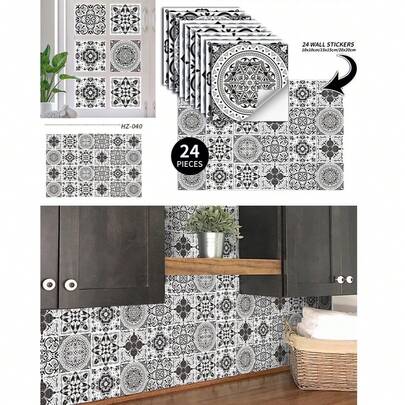 OUTANA 24pcs European Style Gray & White PVC Vintage Peel And Stick Wallpaper, Waterproof, Oil-Proof, Moisture-Proof Wall Decor Tiles, Suitable For Kitchen, Bathroom, Living Room, Bedroom, Office Decoration; Square Vinyl Home Goods Self-Adhesive Tiles With Horizontal Pattern Layout; Kitchen Decor, Self-Adhesive Wallpaper, Coffee Corner, Self-Adhesive Floor Stickers, Self-Adhesive Wall Panels (This Is A Decorative Sticker, Not Actual Tiles)