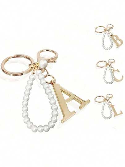 Elegant Gold Pearl Letter Keychain, A-Z Alphabet 3D Pendant, Graceful Pearl Chain With Rhinestones (Can Be Disassembled According To Personal Preference), Fashionable Alloy Keychain, Earphone Pendant, Backpack Hanging Decoration, Car Keychain