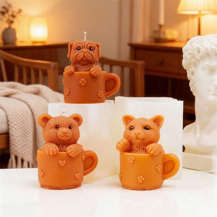 3D立体杯熊硅胶蜡烛模具，3D可爱动物造型（狗、兔子、猪、猫）香氛蜡烛模具，适用于DIY房间装饰蜡烛和手工礼品 - Cup Animal Mold - 查看 4