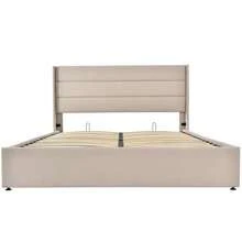 Storage Bed, Upholstered Bed, 140x200cm Hydraulic Double Bed, Wooden Slatted Base, Bed With Metal Slatted Base, Linen, Beige - Apricot - View 7