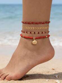 imoli 4 st/set Fashionabla strandsemesterstil Glaspärlor Vävda Rep Flygplanskedja Legering Snäckskal Fotlänk Set, Sommar Strandfest Smycken Present För Kvinnor - Multifärgad - Visa 4