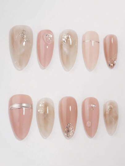 10pcs Pure Handmade Press On Nails Almond Nails Medium Nails The Color Scheme Is Mainly Nude Pink And Light Peach, With Scattered Glitter Powder, Small Diamond Ornaments, Silver Lines And Teardrop-Shaped Decorations Added, Presenting A Refined Yet Not Garish Look.Gentle Elegant Cute Nails For Ladies And Girls Spring Summer Fall Winter Festivals Parties And Daily Life Use