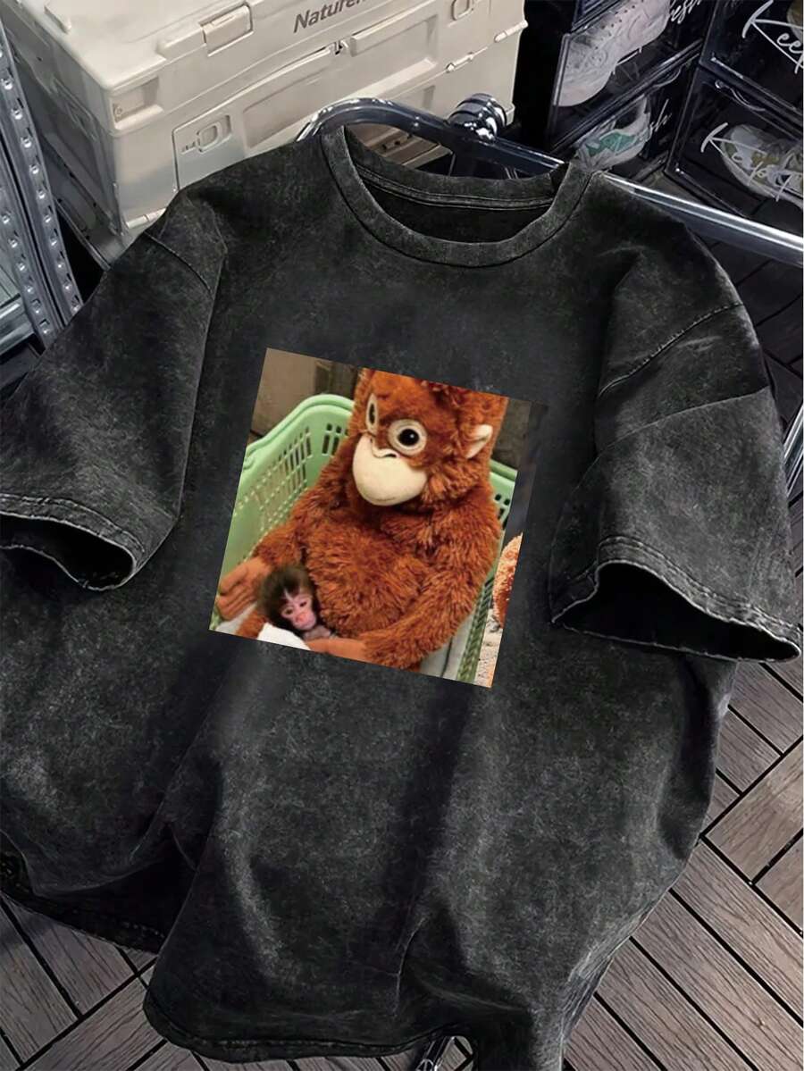 Camiseta de mujer talla grande con estampado de gato rebelde, de manga corta, cuello redondo, con efecto desgastado vintage, de estilo minimalista, para uso casual diario, color negro para verano - Negro - Ver 1