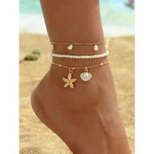 3pcs/Set White Pearl Tassel Sea Star Shell Pendant Anklet Gold Color Multilayer Women Foot Jewelry, Suitable For Daily Wear And Vacation - Multicolor - View 1