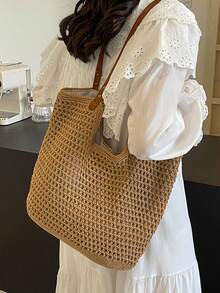 大容量手工编织包，2025新款草编包，女士沙滩度假单肩手提包 - 卡其色 - 查看 4